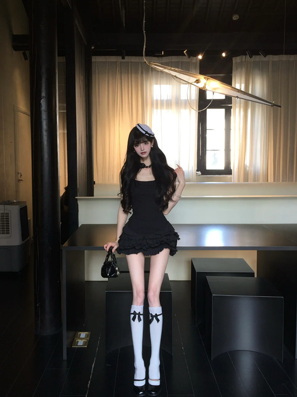 Black suspender waist slim top cake mini skirt suit homecoming dress R5084