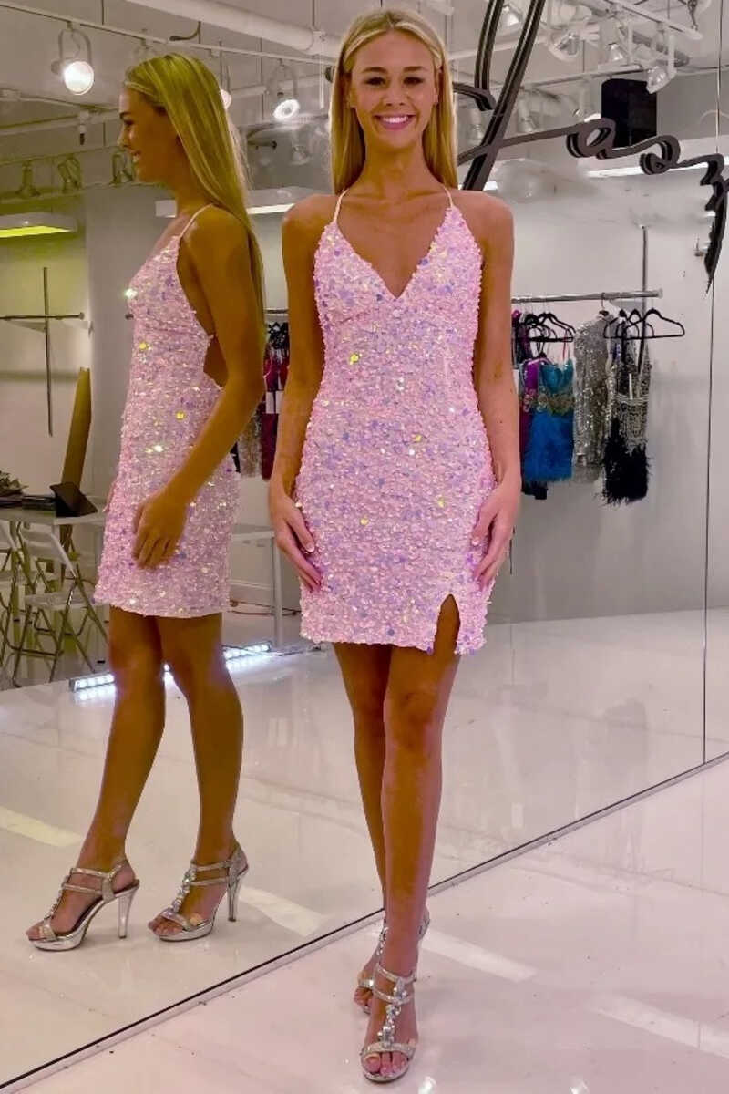 Pink V-Neck Cocktail and Party Sequin Dress Short