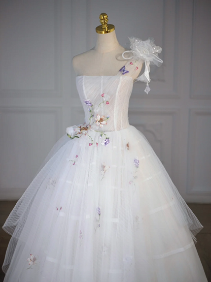 White tube top herringbone top flower puffy skirt long dress bridal dress R5858
