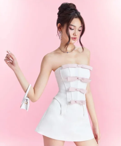 White tube top waist A-line short skirt dress suit homecoming dress R4883