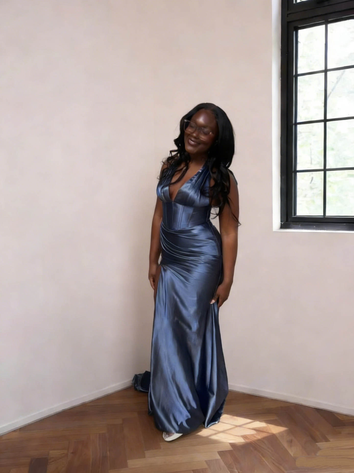 Sexy V Neck Blue Satin Mermaid Long Party Dress Formal Evening Dress SP1674