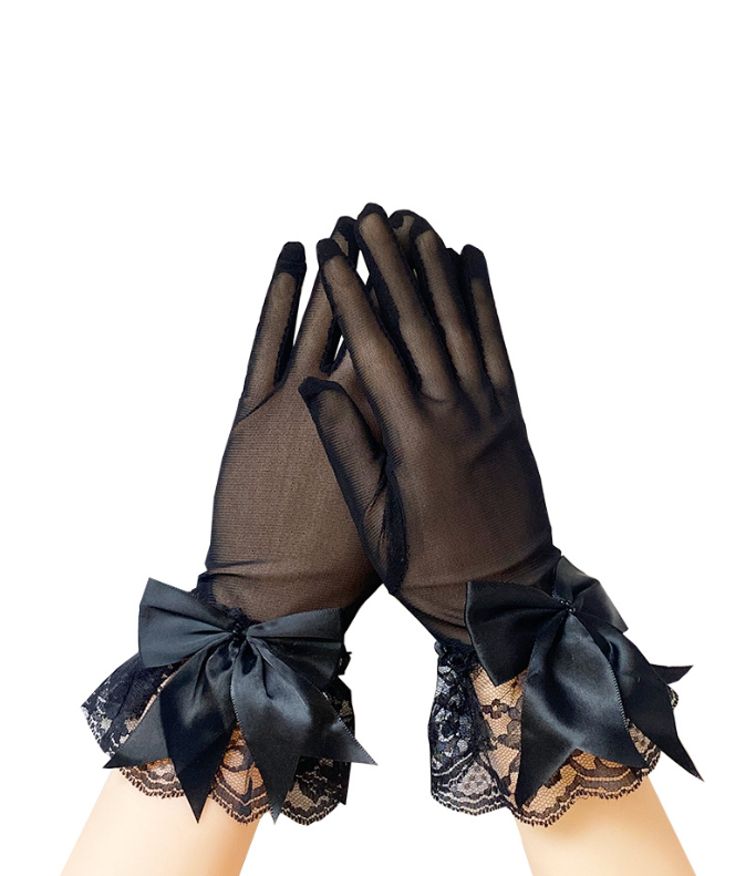 Breathable mesh gloves lace bow Hepburn style etiquette black French retro dress     S6267