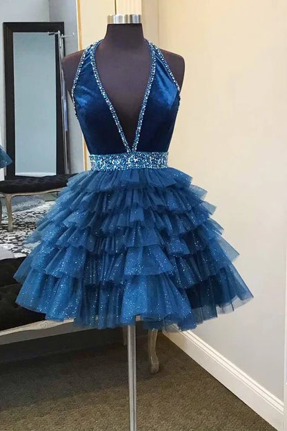 Fashion Navy Blue Multi-Layered Tulle Design A-line Halter Homecoming Dress TP3580