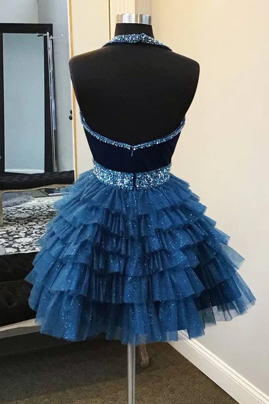 Fashion Navy Blue Multi-Layered Tulle Design A-line Halter Homecoming Dress TP3580