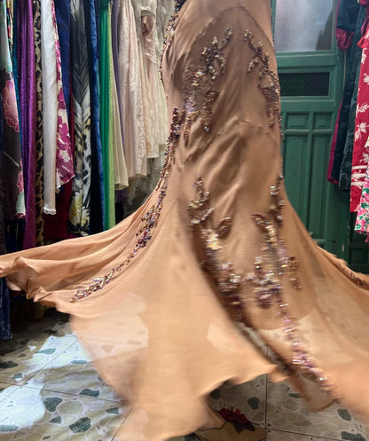 Elegant Brown And Gold Mermaid Halter-Neck Embroidered Beaded Chiffon Long Prom Dress Evening Dress P4120