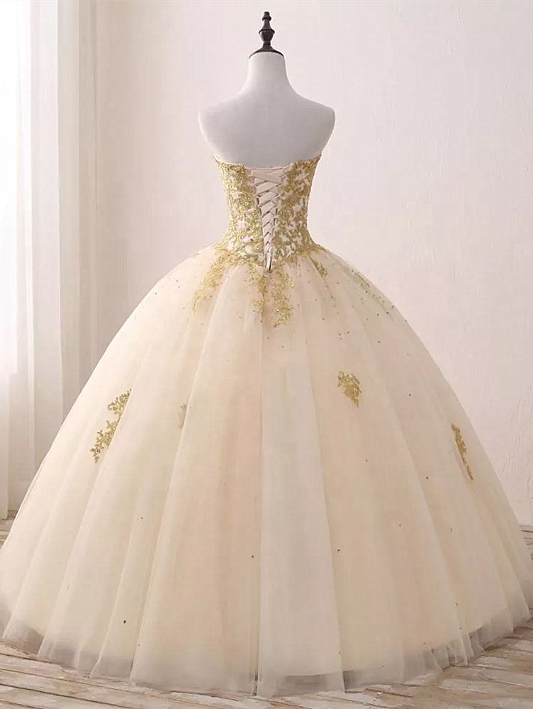 Ball Gown Light Champagne with Gold Lace Sweet 16 Dress, Tulle Long Prom Dress