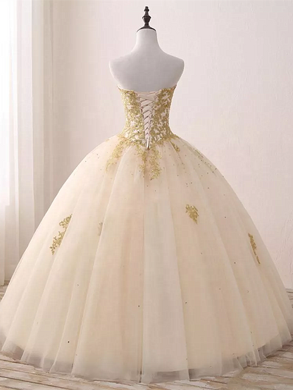 Ball Gown Light Champagne with Gold Lace Sweet 16 Dress, Tulle Long Prom Dress