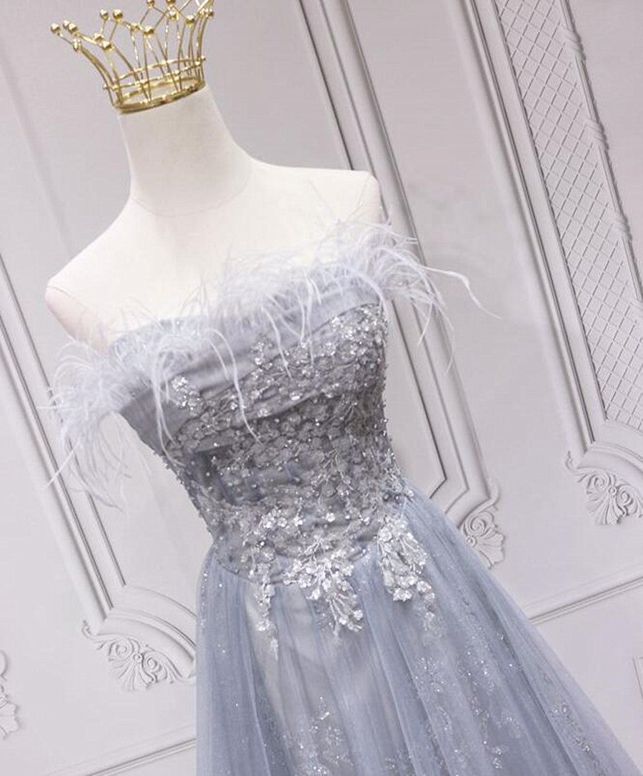Sliver Grey Tulle with Lace Long Party Dress, Light Grey Bridesmaid Dress
