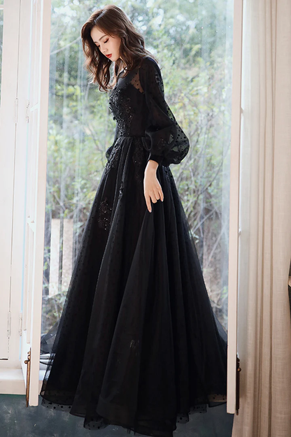 Puffy  Long Sleeves Tulle With Lace Long Evening Dress, A-Line Back Long Prom Dress