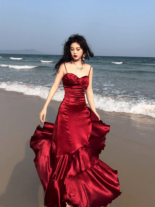 Lovely Wine Red Satin Mermaid Sweetheart Straps Evening Dress, Wine Red Prom Dress