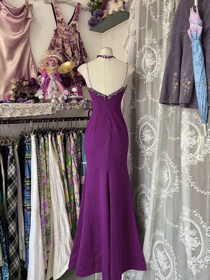 Purple Mermaid Lace Straps Long Party Dress, Purple A-line  Prom Dress Evening Dress