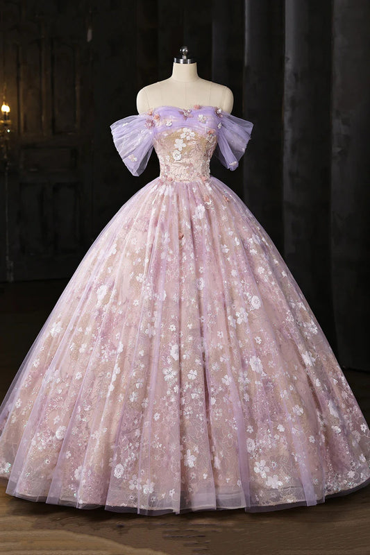 Light Purple Tulle Sweetheart Off Shoulder Party Dress, Light Purple Lace Long Prom Dress