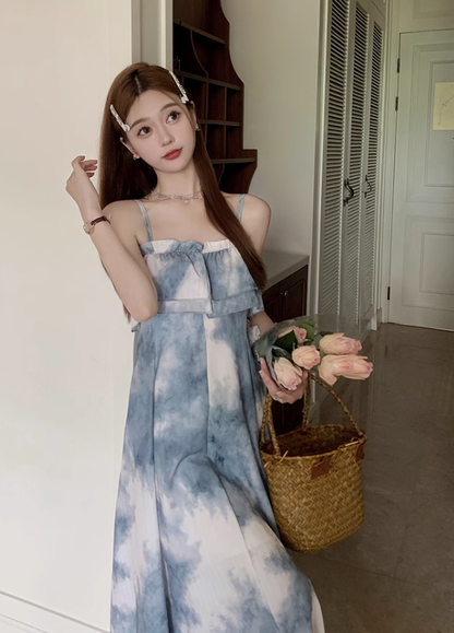 Fairy retro style ruffled one-shoulder sling dress new Chinese style ink-dyed dress R1706