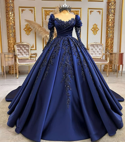 Elegant Navy Blue O Neck Sequined Appliques Long Sleeves Quinceanera Evening Dress Ball Gown Floor Length Princess Prom Dress