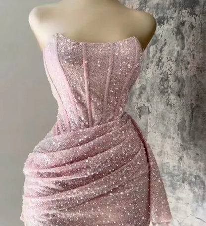Cute Pink Shiny Sequin Strapless Bodycon Short Party Dress Cocktail Dress Homecoming Dress TP4369