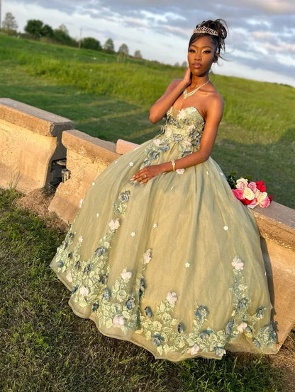 Retro Green Sweetheart Applique Sweet 16 Quinceanera A-Line Tulle Floor-length Prom Dress Birthday Dress Evening Dress Ball Gown TP4408