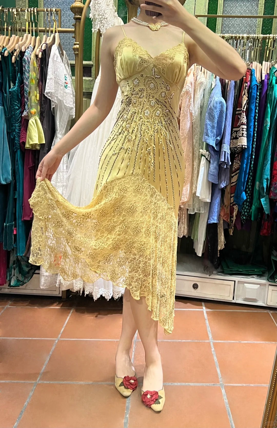 Retro Yellow Irregular Deep V Halter Lace Satin Prom Dress Evening Dress P4121