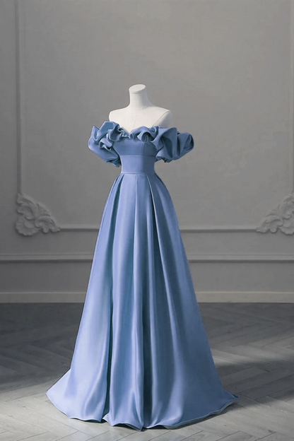 Off Shoulder Satin A-line Long Party Dress, Simple Pretty Floor Length Prom Dress