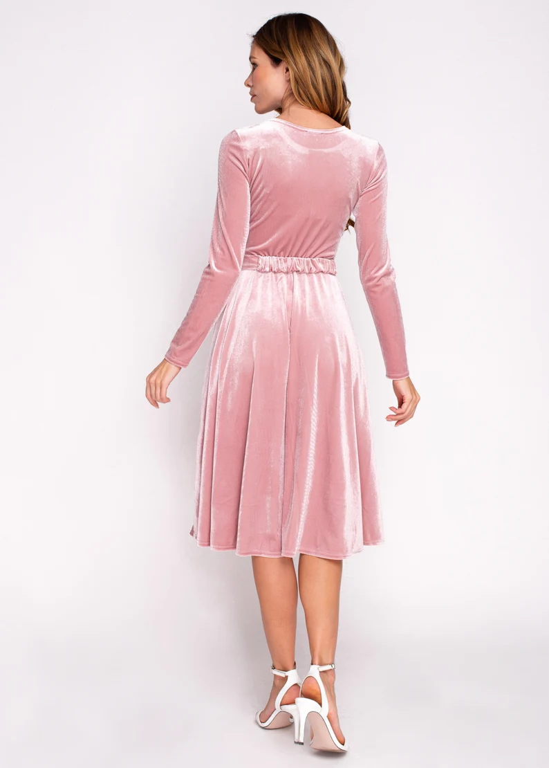 omberprom Elegant Velvet Dress Ruched Long Sleeve Formal Dress for Prom Dresses