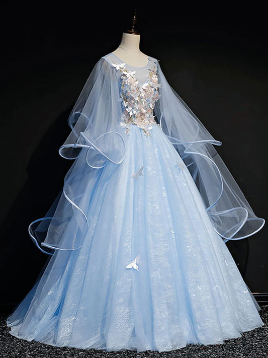 Light Blue Puffy Sleeves Tulle Ball Gown Party Dress, Sweet 16 Dresses Blue Formal Dresses