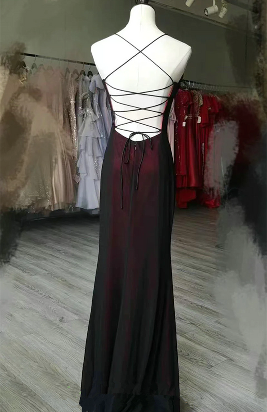 Unique Black and Red Scoop Straps Long Party Dress, Black and Red Evening Dress