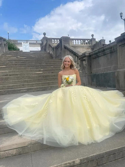 Light Yellow Tulle with Lace Applique Prom Dress, Light Yellow Party Dress Evening Dress