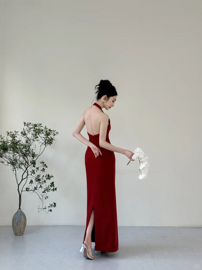 Elegant Burgundy Fitted Halter Neck Deep V-neck Satin Long Prom Evening Dress P4124