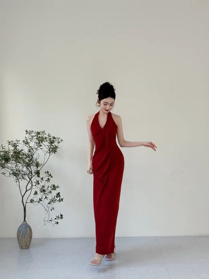 Elegant Burgundy Fitted Halter Neck Deep V-neck Satin Long Prom Evening Dress P4124