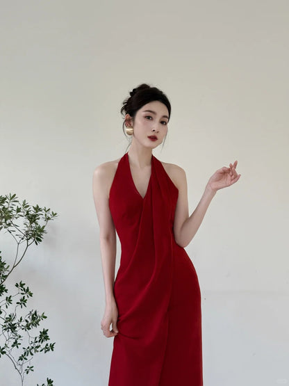 Elegant Burgundy Fitted Halter Neck Deep V-neck Satin Long Prom Evening Dress P4124