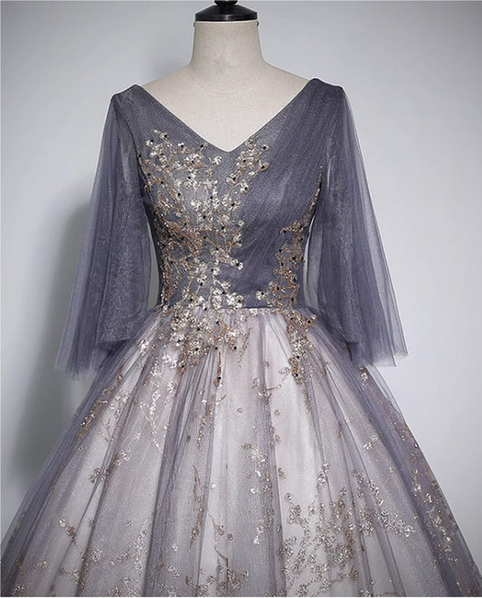 Beautiful Tulle V-neckline Long Formal Dress, Tulle Lace Applique Party Dress