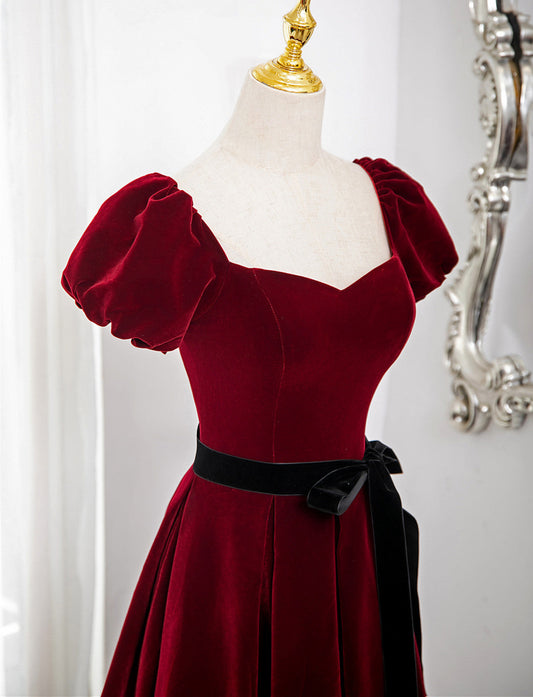 Wine Red Velvet Short Sleeves A-line Prom Dress, Wine Red Long Party Dress