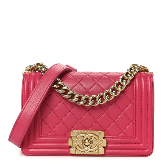 Lambskin Quilted Small Boy Flap Dark Pink