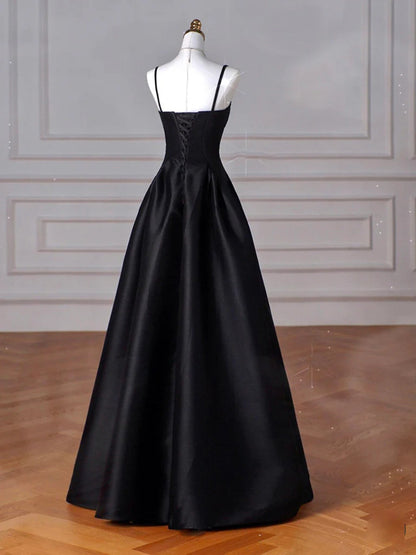 Simple Black A-line Satin Straps Long Party Dress, Black Satin Prom Dress