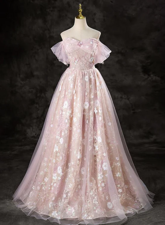 Cute A-line Pink Lace and Tulle Sweetheart Party Dress, Pink Tulle Prom Dress