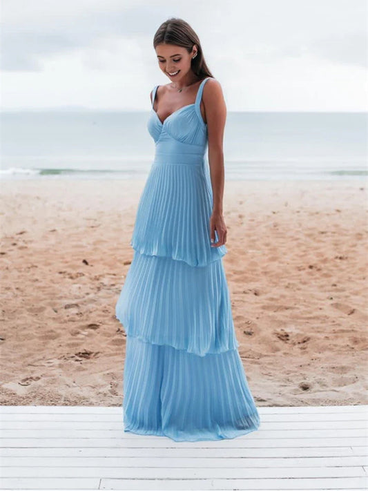 Lovely Light Blue Straps Chiffon Sweetheart Low Back Pary Dress, Light Blue Prom Dress