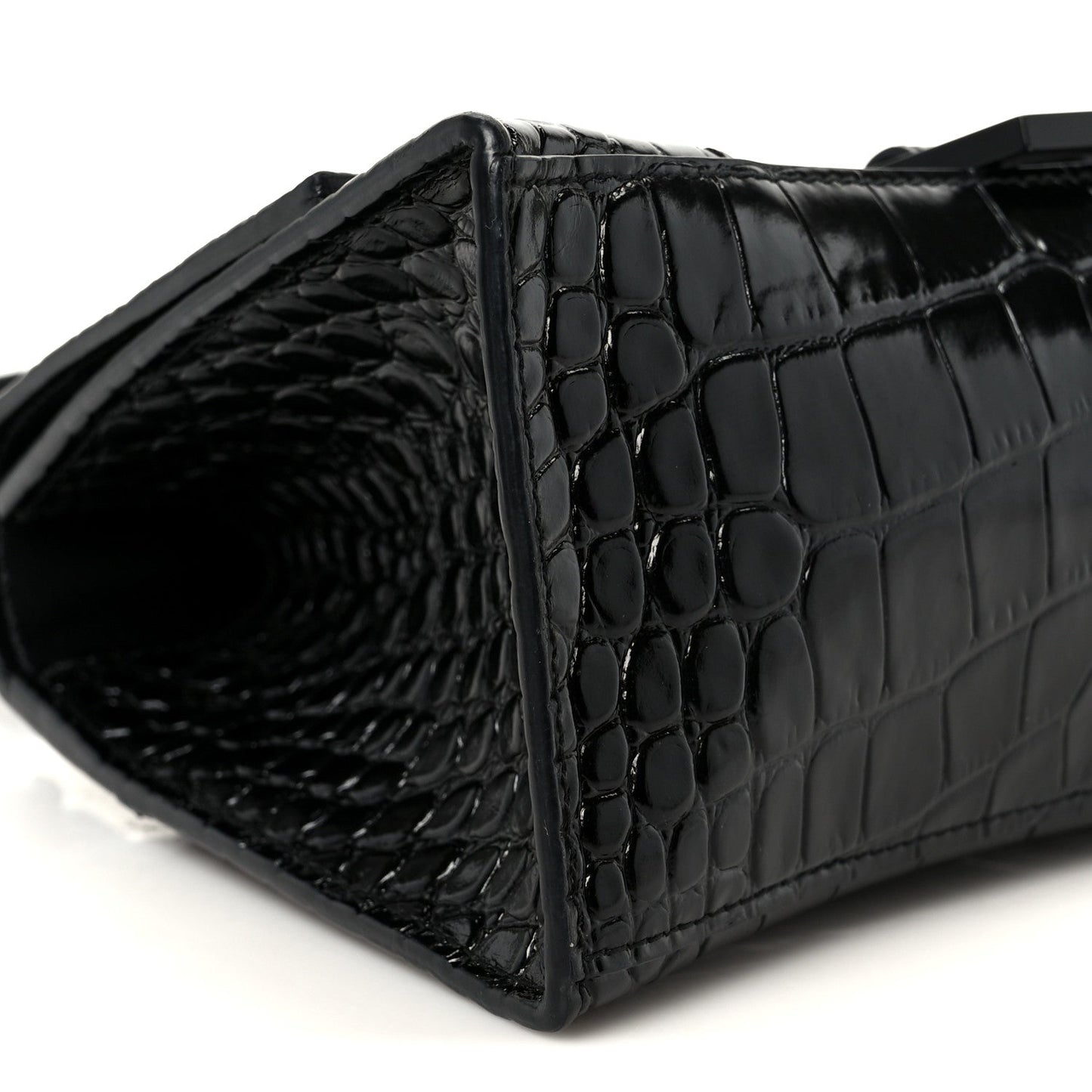 Shiny Calfskin Monochrome Crocodile Embossed Small Hourglass Top Handle Bag Black