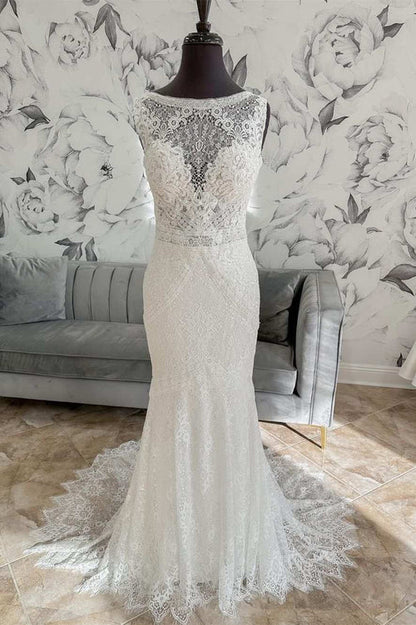 omberprom Elegant Lace Open Back Mermaid Long Wedding Dress