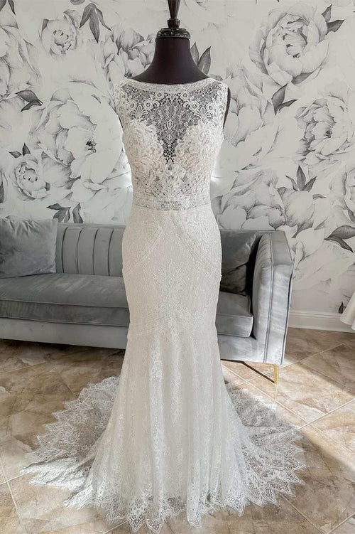 omberprom Elegant Lace Open Back Mermaid Long Wedding Dress