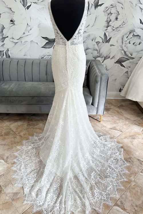 omberprom Elegant Lace Open Back Mermaid Long Wedding Dress