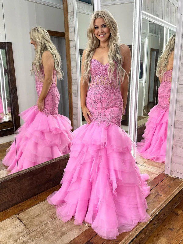 omberprom Fashion Mermaid Evening Dress Tiered Lace Long Mermaid Prom Dress