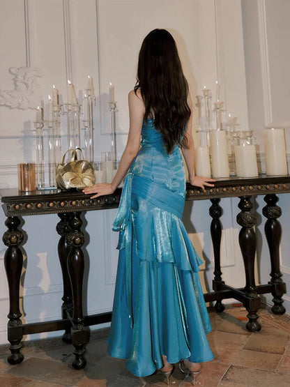 Blue Mermaid Straps Sweetheart Long Prom Dress, Blue Party Dress Evening Dress