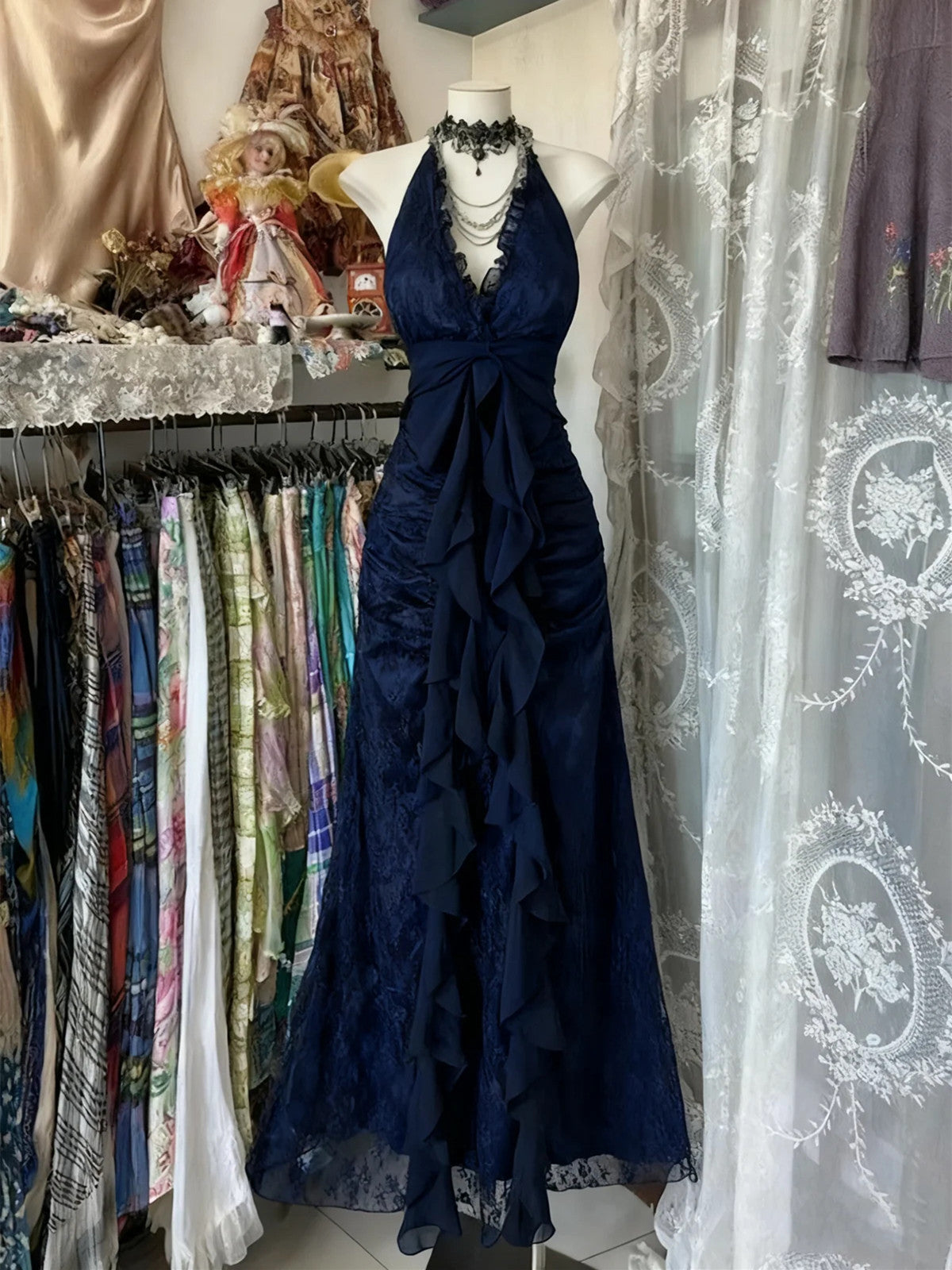 Classical Lace Halter Vintage Style Prom Dress, Lace Floor Length Formal Gown