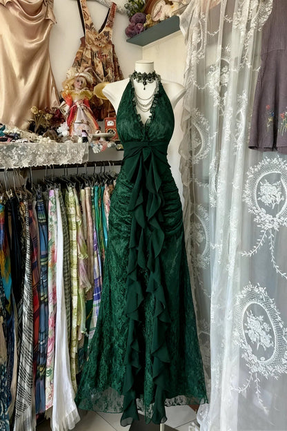 Classical Lace Halter Vintage Style Prom Dress, Lace Floor Length Formal Gown