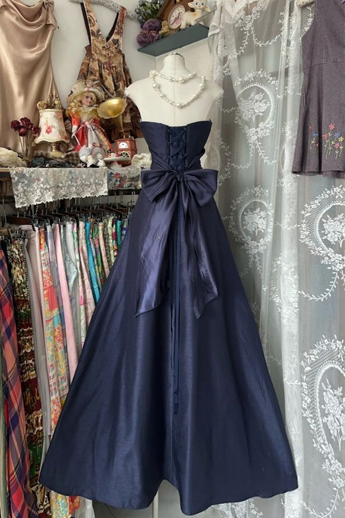 Navy Blue Strapless A-line Long Prom Dress, Long Taffeta Formal Dress with Bow