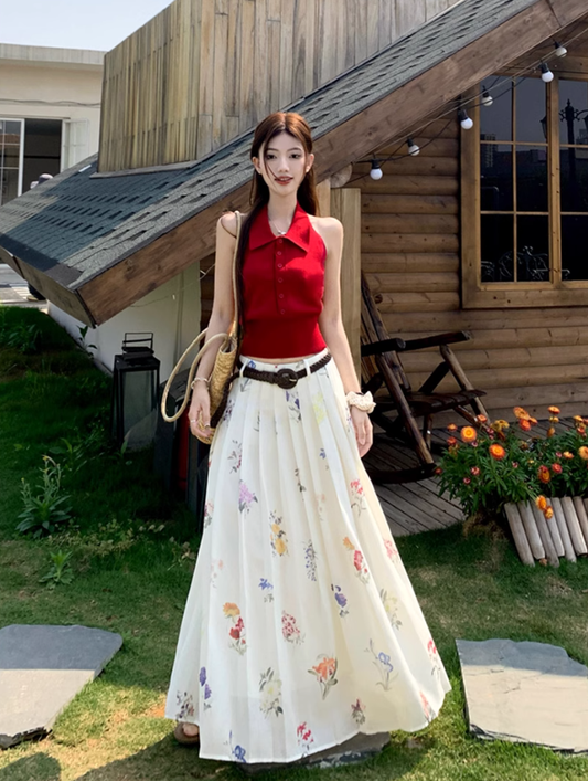 Date suit red sleeveless backless sweater printed skirt rich feeling outfit two piece suit R1744