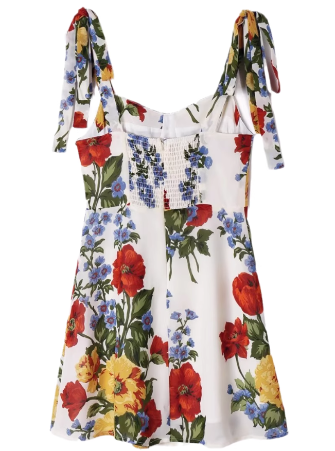 2025 Summer New French Waist Sexy Printed Short Holiday Suspender Dress R0972