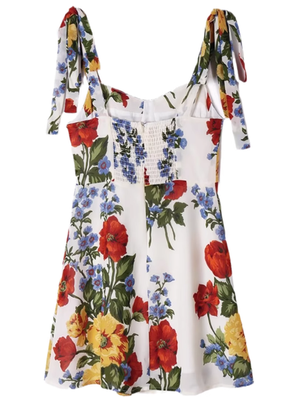 2025 Summer New French Waist Sexy Printed Short Holiday Suspender Dress R0972