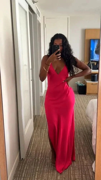 omberprom Elegant Formal Women's Dresses Hot Pink Formal Party Dress V Neck Sheath Long Prom Dress