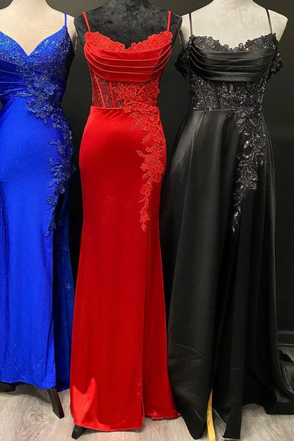 omberprom Red Spaghetti Strap Appliques Mermaid Long Dress with Slit