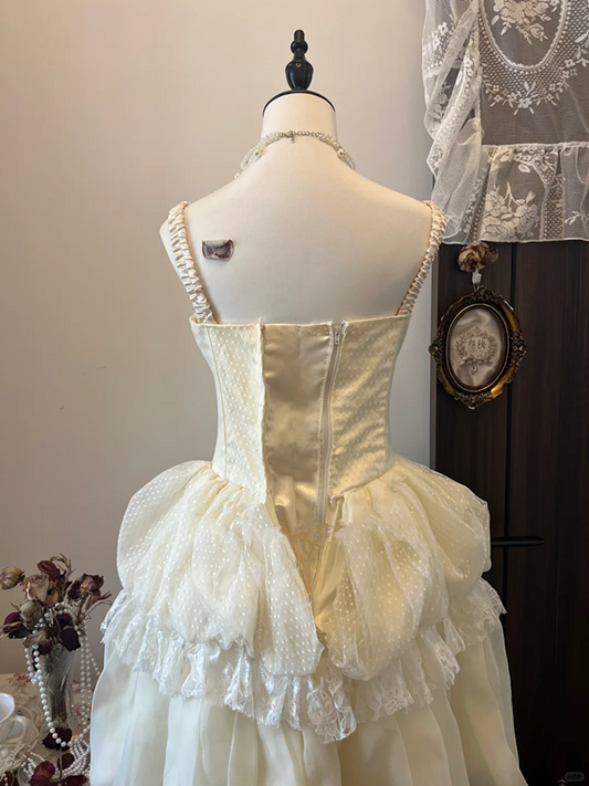 White retro elegant suspenders waist bud skirt short skirt homecoming dress R4275
